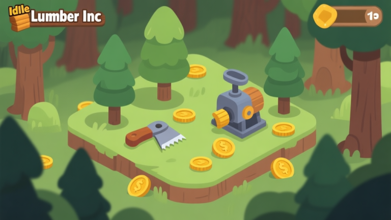 自动生成图片: Ilustrasi game Idle Lumber Inc dengan gaya kartun minimalis, menunjukkan area hutan kecil dengan beberapa pohon, satu gergaji mesin, dan koin emas bertebaran, warna hijau dan coklat dominan, latar belakang lembut high quality illustration, detailed, 16:9