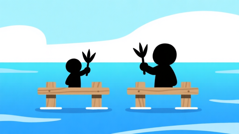 自动生成图片: Ilustrasi minimalis dua rakit kayu sederhana di lautan biru, dengan karakter siluet kecil memegang ketapel, skema warna biru muda dan putih, desain bersih, gaya infografis high quality illustration, detailed, 16:9