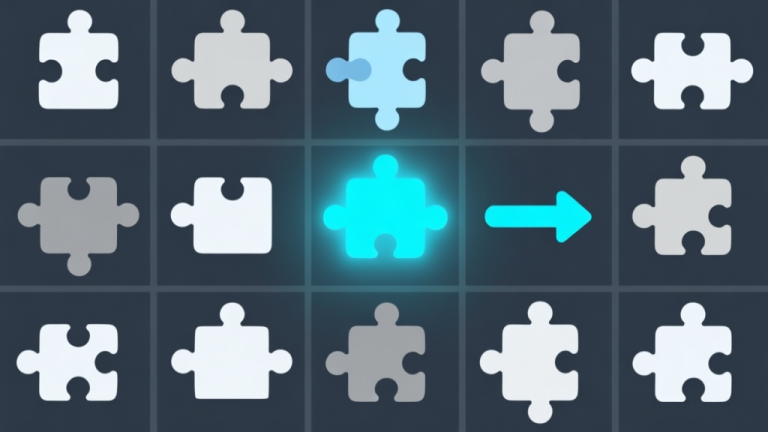 自动生成图片: Ilustrasi minimalis dari 12 ikon puzzle game yang berbeda, disusun dalam grid rapi, dengan satu ikon menyala dan panah menunjuk ke strategi, skema warna biru muda dan abu-abu, gaya desain bersih high quality illustration, detailed, 16:9