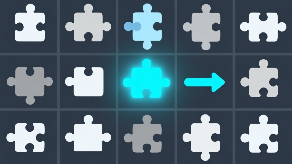 Ilustrasi minimalis dari 12 ikon puzzle game yang berbeda, disusun dalam grid rapi, dengan satu ikon menyala dan panah menunjuk ke strategi, skema warna biru muda dan abu-abu, gaya desain bersih high quality illustration, detailed, 16:9