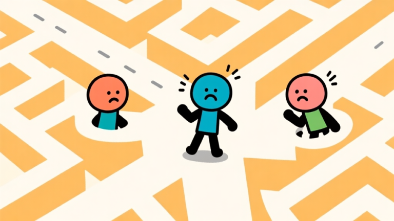 自动生成图片: Ilustrasi karakter stickman kartun sedang terjebak di persimpangan labirin dengan tiga jalan, ekspresi bingung, latar belakang sederhana dengan garis-garis labirin, gaya flat design, warna cerah tapi tidak mencolok high quality illustration, detailed, 16:9