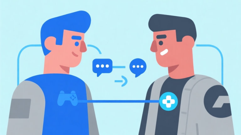 自动生成图片: Ilustrasi dua avatar game yang saling terhubung dengan garis dan ikon komunikasi, skema warna biru muda dan abu-abu, desain minimalis bersih, gaya infografis game modern high quality illustration, detailed, 16:9