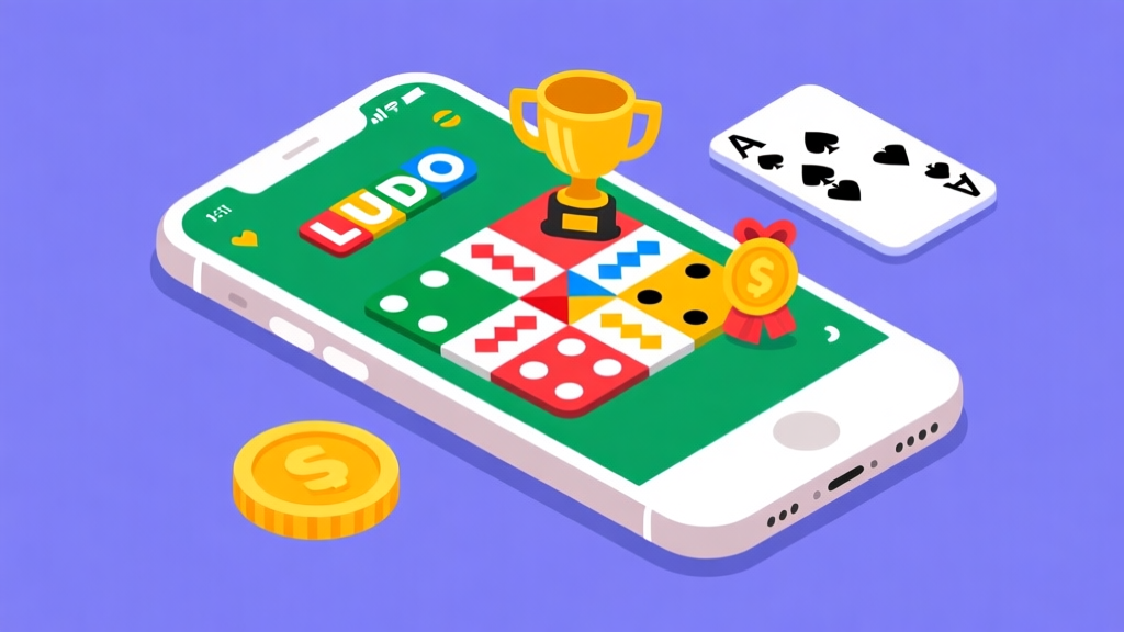 Ilustrasi layar smartphone dengan antarmuka turnamen game online yang menarik, menampilkan papan Ludo dan kartu Domino secara bersamaan, dengan ikon hadiah seperti koin dan piala, gaya flat design yang bersih dengan warna cerah namun tidak mencolok high quality illustration, detailed, 16:9