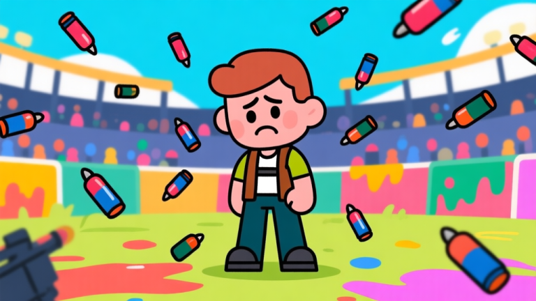 自动生成图片: Ilustrasi karakter game kartun yang bingung berdiri di arena paintball yang penuh warna, dengan banyak peluru paintball melayang di sekitarnya, gaya flat design minimalis, palet warna cerah tapi tidak terlalu mencolok high quality illustration, detailed, 16:9
