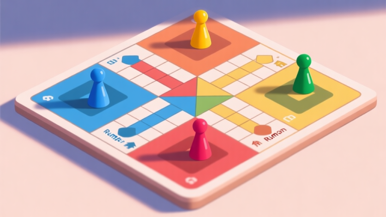 自动生成图片: Ilustrasi papan permainan Ludo digital dengan empat pion warna berbeda berada di posisi strategis, beberapa di jalur awal dan beberapa hampir masuk 'rumah'. Tampak dari atas, gaya minimalis dengan warna soft dan bayangan halus, fokus pada geometri papan. high quality illustration, detailed, 16:9
