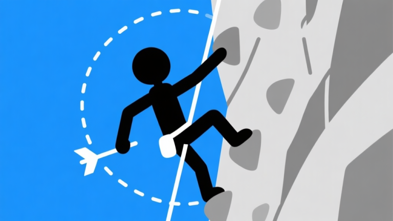 自动生成图片: Ilustrasi vektor minimalis seorang stickman di tengah tantangan climbing yang rumit, dengan panah dan garis putus-putus menunjukkan lintasan gerakan, skema warna biru dan abu-abu, gaya clean dan informatif high quality illustration, detailed, 16:9