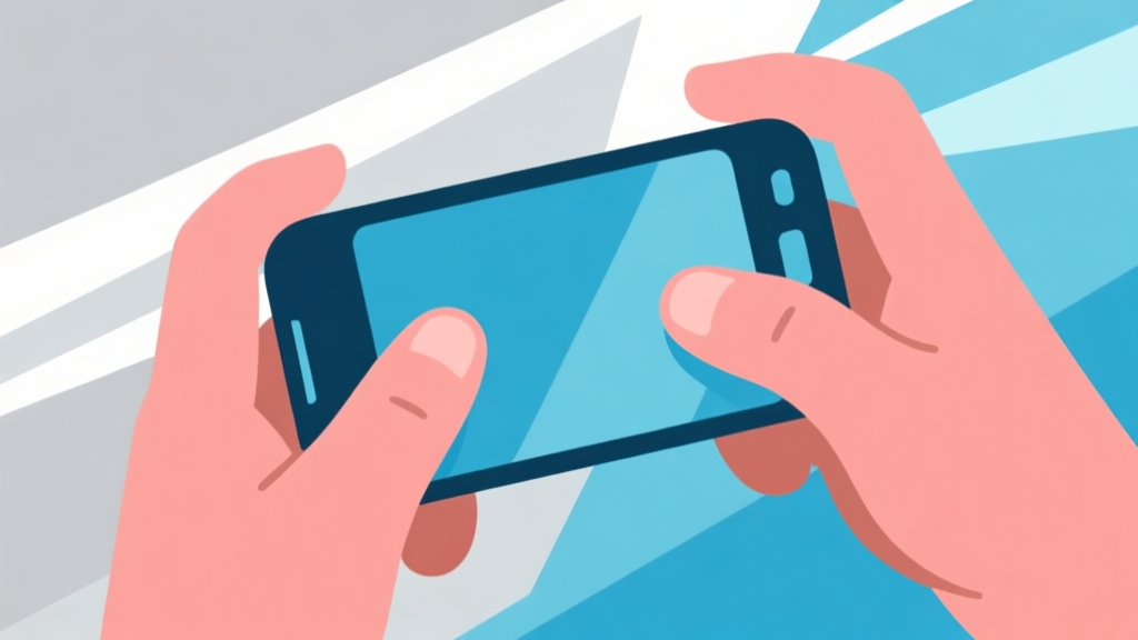 Ilustrasi dua tangan bermain game ponsel dengan fokus pada jempol yang menekan layar, gaya flat design minimalis, warna biru muda dan abu-abu, menunjukkan aksi cepat dan konsentrasi high quality illustration, detailed, 16:9