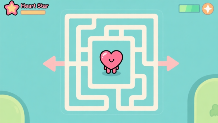 自动生成图片: Ilustrasi minimalis layar game Heart Star HTML5, menunjukkan karakter kecil berbentuk hati di tengah labirin garis sederhana berwarna pastel, dengan panah navigasi di sekelilingnya, gaya clean dan informatif high quality illustration, detailed, 16:9