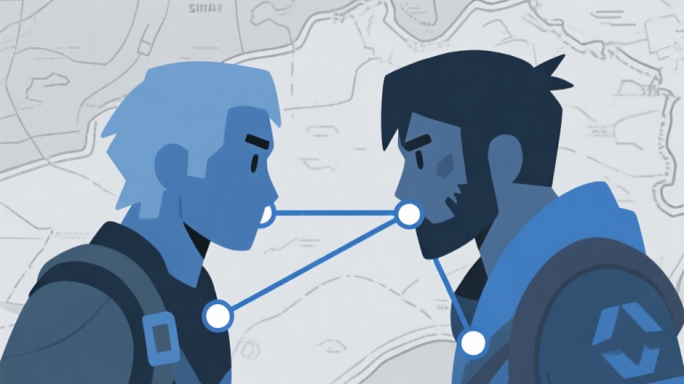 自动生成图片: Ilustrasi dua karakter game dengan gaya minimalis, saling berhadapan dengan garis koneksi strategis di antara mereka, skema warna biru dan abu-abu yang tenang, latar belakang peta survival yang samar high quality illustration, detailed, 16:9