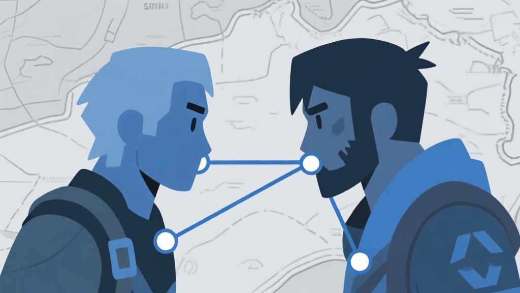 Ilustrasi dua karakter game dengan gaya minimalis, saling berhadapan dengan garis koneksi strategis di antara mereka, skema warna biru dan abu-abu yang tenang, latar belakang peta survival yang samar high quality illustration, detailed, 16:9