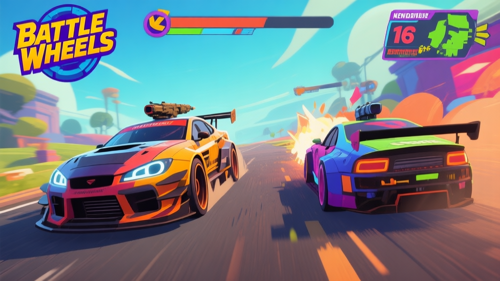 Ilustrasi game Battle Wheels yang menunjukkan dua kendaraan dengan taktik berbeda, satu agresif di tengah terbuka dan satu lagi menggunakan cover di samping, dengan warna game yang dinamis dan gaya semi-realistic high quality illustration, detailed, 16:9