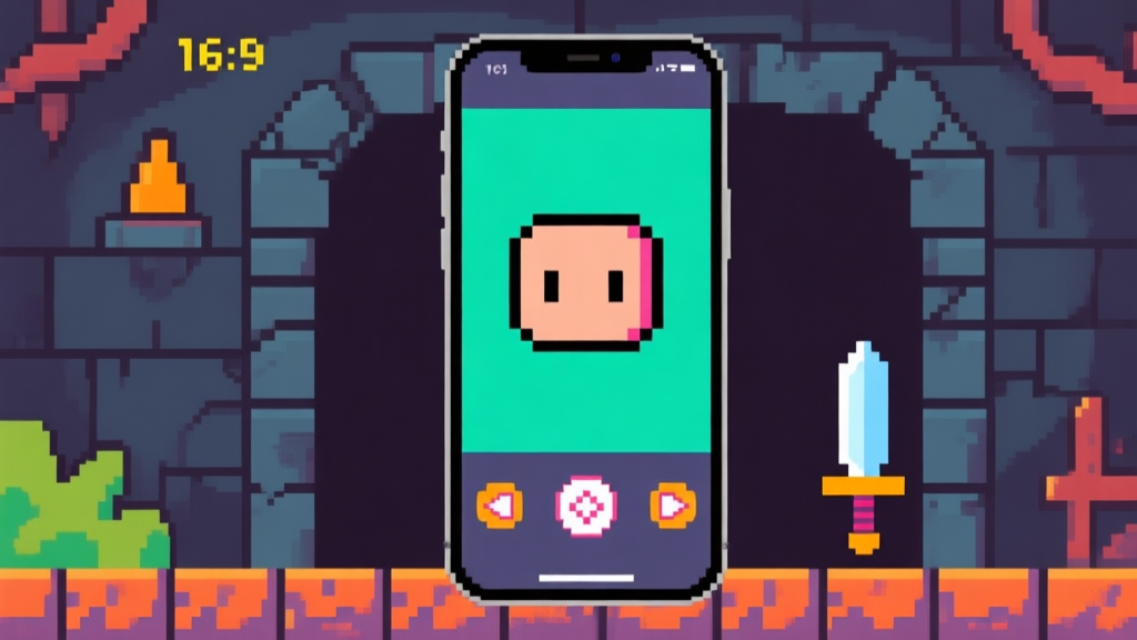 Ilustrasi karakter pixel art sederhana di tengah layar ponsel, dengan tombol virtual bergambar panah dan pedang di bagian bawah, latar belakang dungeon sederhana, gaya game retro 2D, warna cerah namun tidak terlalu mencolok high quality illustration, detailed, 16:9