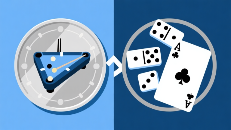自动生成图片: Ilustrasi abstrak dua sisi koin yang bertentangan, satu sisi menunjukkan diagram strategi billiard yang rapi, sisi lain menunjukkan kartu domino yang acak, skema warna biru dingin dan abu-abu, gaya minimalis bersih high quality illustration, detailed, 16:9