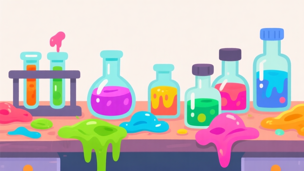 Ilustrasi gaya game yang ceria, menunjukkan laboratorium slime yang berantakan khas pemula dengan berbagai botol dan slime dasar berwarna-warni di atas meja, latar belakang sederhana, warna cerah namun tidak terlalu tajam, desain minimalis kartun high quality illustration, detailed, 16:9