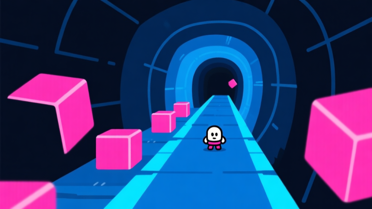 自动生成图片: Ilustrasi minimalis layar game Tunnel Rush dengan jalur terowongan dan hambatan kubus, fokus pada satu karakter kecil di tengah, skema warna biru dan magenta neon dengan latar gelap, gaya clean vector high quality illustration, detailed, 16:9
