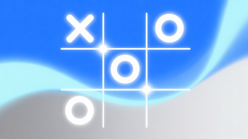 Komposisi abstrak papan Tic Tac Toe 3x3 dengan simbol X dan O yang bersinar samar, terhubung oleh garis-garis alur strategi yang halus, skema warna biru muda dan abu-abu, gaya minimalis bersih high quality illustration, detailed, 16:9