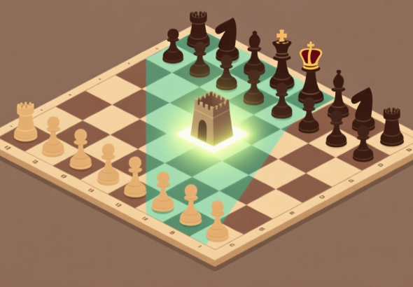 自动生成图片: Ilustrasi papan catur dengan tiga area berbeda yang menyala: satu di bagian awal (bidak teratur), satu di tengah (benteng dan menteri aktif), dan satu di akhir (raja dan pion menonjol). Gaya diagram taktis yang bersih, skema warna earth tone, desain minimalis. high quality illustration, detailed, 16:9