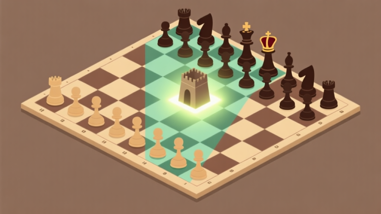 自动生成图片: Ilustrasi papan catur dengan tiga area berbeda yang menyala: satu di bagian awal (bidak teratur), satu di tengah (benteng dan menteri aktif), dan satu di akhir (raja dan pion menonjol). Gaya diagram taktis yang bersih, skema warna earth tone, desain minimalis. high quality illustration, detailed, 16:9