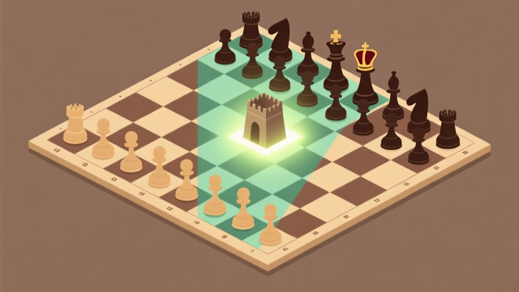 Ilustrasi papan catur dengan tiga area berbeda yang menyala: satu di bagian awal (bidak teratur), satu di tengah (benteng dan menteri aktif), dan satu di akhir (raja dan pion menonjol). Gaya diagram taktis yang bersih, skema warna earth tone, desain minimalis. high quality illustration, detailed, 16:9