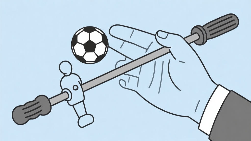 Ilustrasi tangan memegang batang pemain sepak bola meja dengan cara yang salah dan benar, gaya diagram teknis minimalis, warna netral biru dan abu-abu, garis-garis bersih high quality illustration, detailed, 16:9