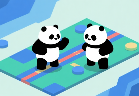 自动生成图片: Ilustrasi dua panda dalam gaya game minimalis, berdiri di papan permainan abstrak dengan jalur berwarna, satu terlihat defensif dan satu ofensif, skema warna biru dan hijau lembut, desain bersih high quality illustration, detailed, 16:9