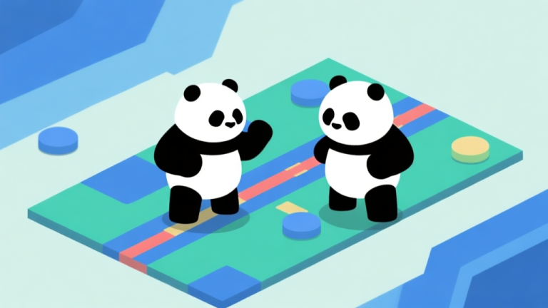 自动生成图片: Ilustrasi dua panda dalam gaya game minimalis, berdiri di papan permainan abstrak dengan jalur berwarna, satu terlihat defensif dan satu ofensif, skema warna biru dan hijau lembut, desain bersih high quality illustration, detailed, 16:9