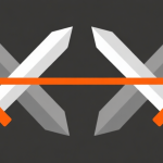 自动生成图片: Ilustrasi abstrak dua ikon pedang yang saling berhadapan dengan garis penghubung berwarna oranye dan abu-abu, gaya minimalis, konsep konflik dan aturan dalam game high quality illustration, detailed, 16:9