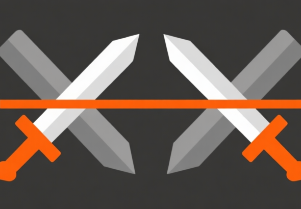 自动生成图片: Ilustrasi abstrak dua ikon pedang yang saling berhadapan dengan garis penghubung berwarna oranye dan abu-abu, gaya minimalis, konsep konflik dan aturan dalam game high quality illustration, detailed, 16:9