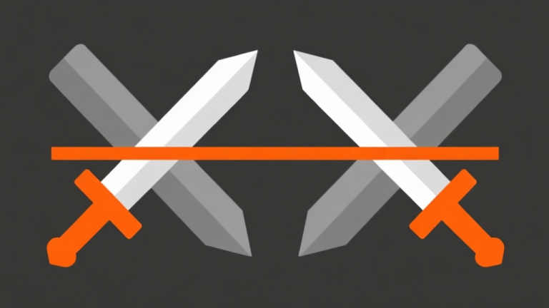 自动生成图片: Ilustrasi abstrak dua ikon pedang yang saling berhadapan dengan garis penghubung berwarna oranye dan abu-abu, gaya minimalis, konsep konflik dan aturan dalam game high quality illustration, detailed, 16:9