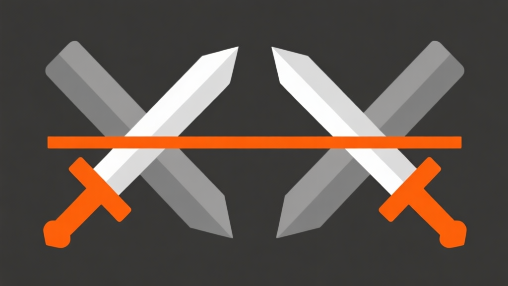 Ilustrasi abstrak dua ikon pedang yang saling berhadapan dengan garis penghubung berwarna oranye dan abu-abu, gaya minimalis, konsep konflik dan aturan dalam game high quality illustration, detailed, 16:9