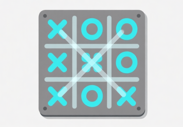 自动生成图片: Ilustrasi papan Tic Tac Toe 3x3 dengan simbol X dan O yang tersusun rapi, beberapa garis kemenangan transparan melintasi papan, gaya minimalis dengan warna abu-abu dan biru muda, latar belakang bersih, konsep logika dan strategi high quality illustration, detailed, 16:9