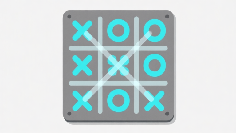 自动生成图片: Ilustrasi papan Tic Tac Toe 3x3 dengan simbol X dan O yang tersusun rapi, beberapa garis kemenangan transparan melintasi papan, gaya minimalis dengan warna abu-abu dan biru muda, latar belakang bersih, konsep logika dan strategi high quality illustration, detailed, 16:9