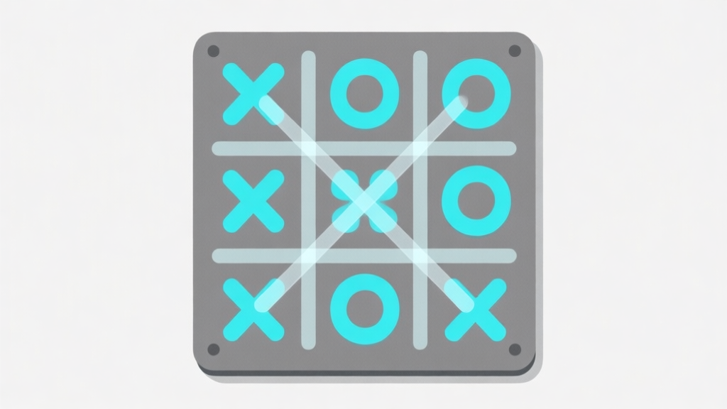 Ilustrasi papan Tic Tac Toe 3x3 dengan simbol X dan O yang tersusun rapi, beberapa garis kemenangan transparan melintasi papan, gaya minimalis dengan warna abu-abu dan biru muda, latar belakang bersih, konsep logika dan strategi high quality illustration, detailed, 16:9